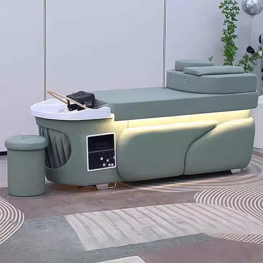Head SPA Bed - Shampoo Bed with Sage Green Curved Sleek Style, Head SPA Equipment & Massage Table Includes Water Circulation, Ambient Light, with Stool