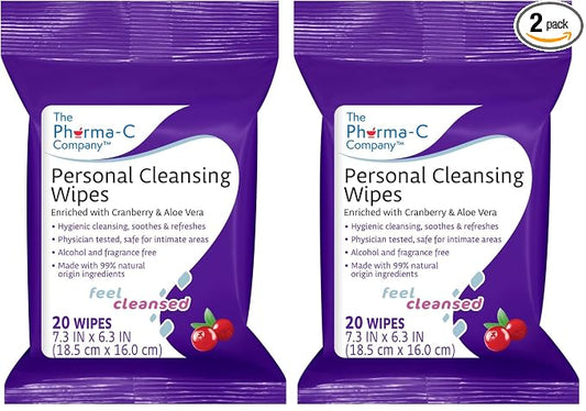 The Pharma-C Company Personal Cleansing Wipes [20 wipes] - Enriched with Cranberry & Aloe Vera. Feminine Intimate Hygiene Wipe. 99% Natural Origin. (Pack of 2)
