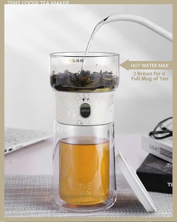 ZENS Cool Glass Teapot with Infuser, Smart One Touch Tea Maker for Loose Tea Diffusers with Insulated Mug and Portable Tea Kits, Enchanted Teapot Alternatives for Tea Lover Gifts