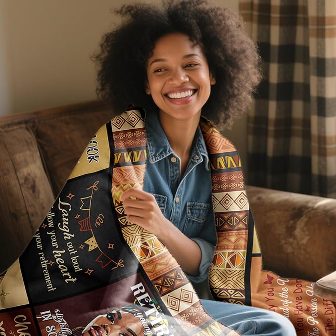 African American Retirement Gift for Woman Throw Blanket 50"X60", Best Retired Gifts for Women 2026, Afro Inspirational Gifts Idea for Retirement Coworker/Teacher/Nurse/Mom/Sister/Friend