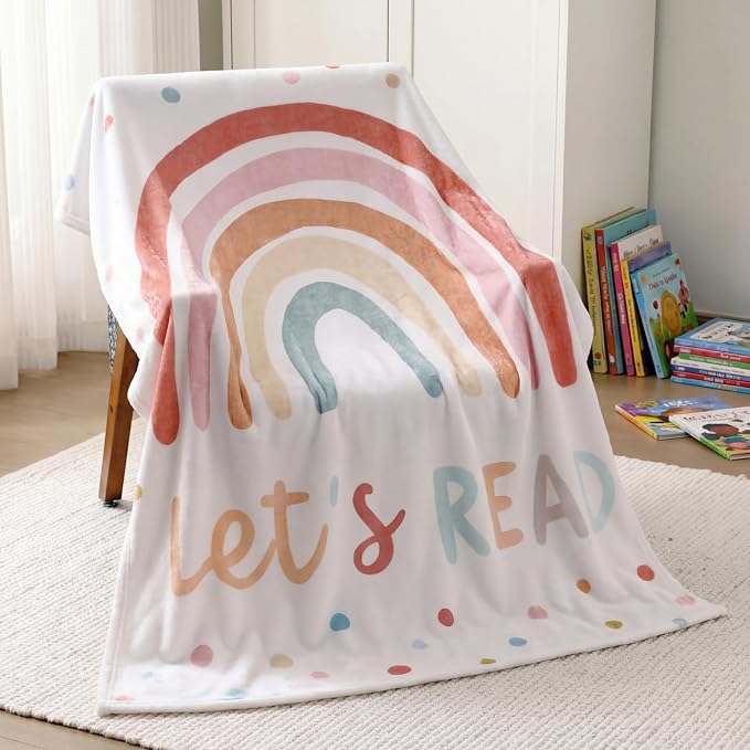 Back to School 50'' x 60'' Rainbow Read Throw Blanket Classroom | Reading Corner Decor Blanket Boho Let's Read Decor for School Reading Corner Supplies Playroom Bedroom Library