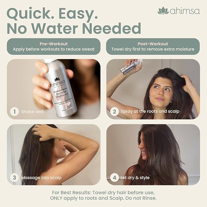 Ahimsa Non Aerosol Dry Shampoo Mist Spray, No White Residue Dark Hair Post Workout Dry Shampoo for Sweat, Oil & Odor Control - Cruelty Free - Vegan - Liquid & Quick Dry, Jasmine Scent (4oz)