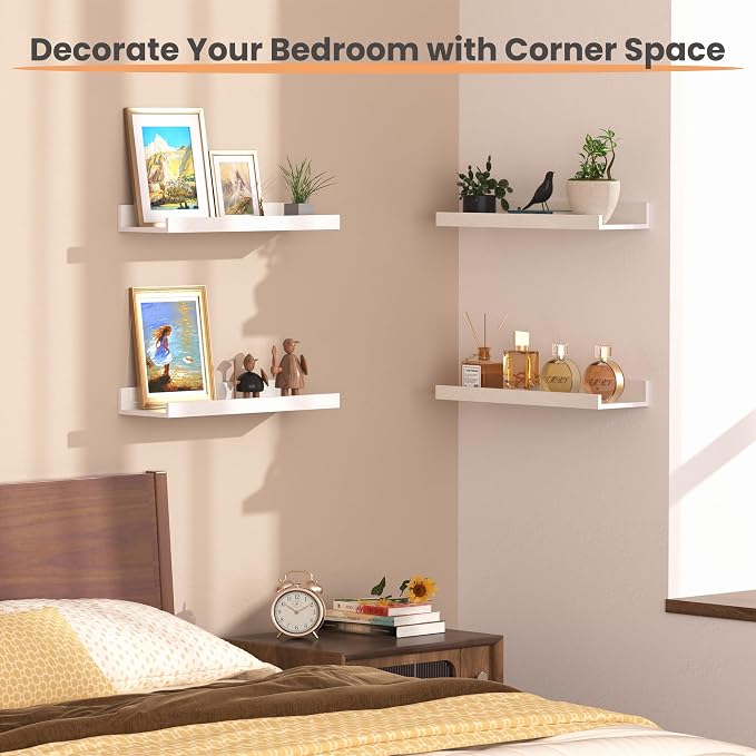 upsimples Floating Shelves for Wall Decor and Storage, White, 6Pcs 15.7'' | Wall Mounted Wood Shelves for Living Room, Bedroom, Bathroom, Kitchen, Office, Laundry Room Display and Organize