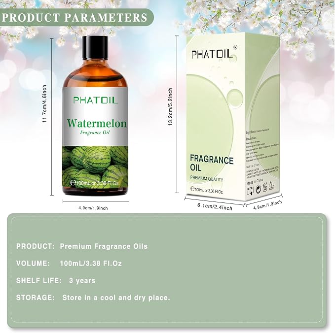 PHATOIL 3.38FL.OZ Watermelon Fragrance Oils for Aromatherapy, Essential Oils for Diffusers for Home, Perfect for Diffuser, Yoga, Skin Care, DIY Candle and Soap Making - 100ml