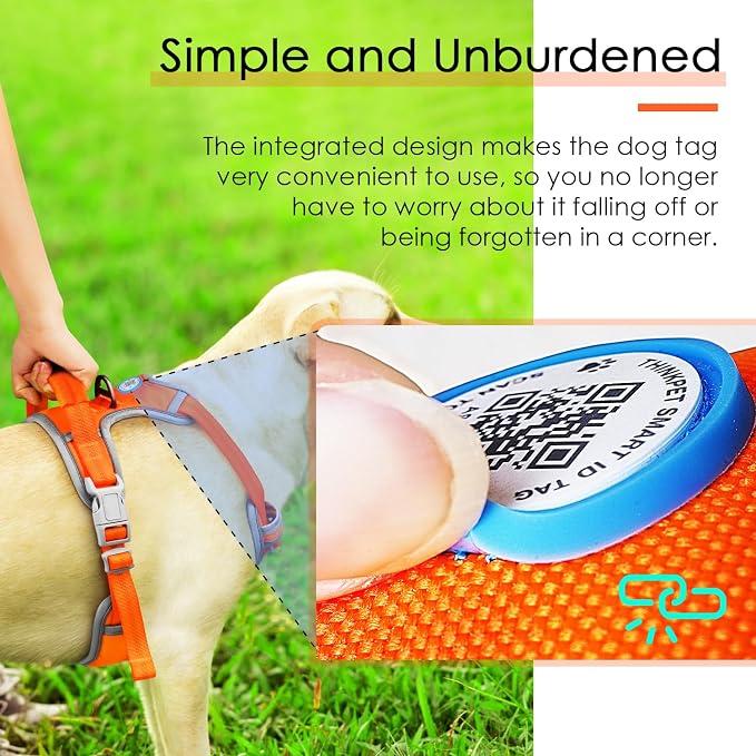 ThinkPet No Pull Harness Breathable Sport Harness with QR Code Dog Tag Reflective Dog Harnesses Smart ID Tagwith Handle Adjustable for Medium Large Dogs Back/Front Clip for Easy Control L Orange