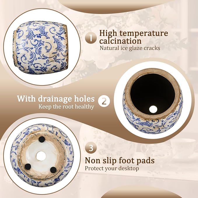 SiliFine Vintage Ceramic Flower Pot with Ice Crackle Rustic Planter with Drainage Holes for Indoor and Outdoor Decor Home Living Room Garden Decor Gardening Gift(Vintage Style)