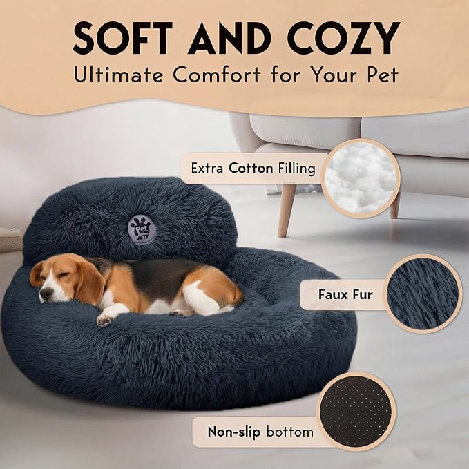 PetJett Calming Dog Bed Medium Size Dog - 30'' Donut Bed, Washable Dog Bed, Anti-Slip & Super Soft Fluffy Plush Round Dog Bed, Anti-Anxiety Premium Comfort Pet Bed, Fits Dogs Upto 45 lbs - Dark Grey
