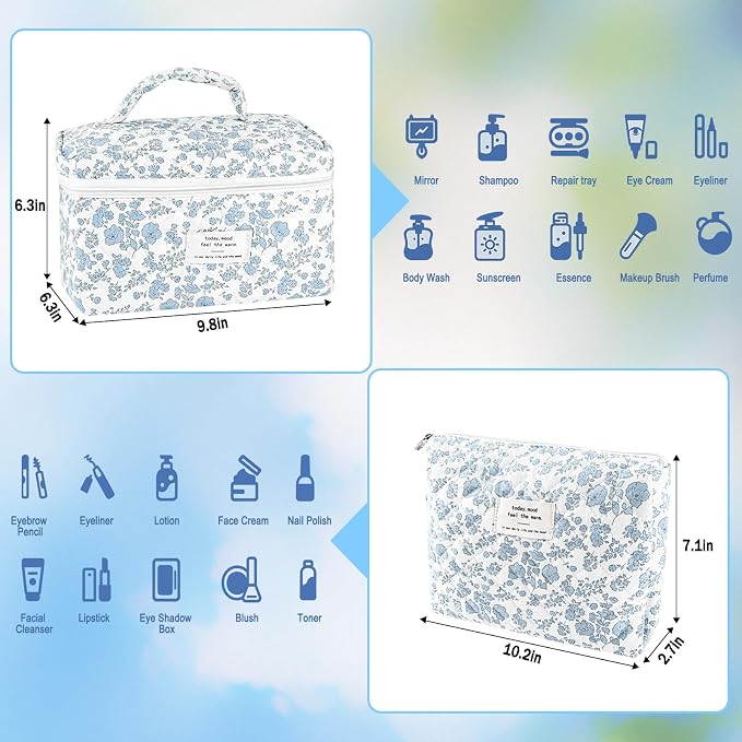 URSKYTOUS 2Pcs Cotton Quilted Makeup Bag for Women Extra Large Small Travel Cosmetic Bag Set Cute Blue Floral Print Makeup Pouch Portable Toiletry Bag Organizer Coquette Vintage Puffy Travel Essential