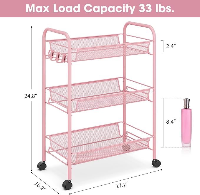 TOOLF 3 Tier Rolling Cart, Metal Utility Storage Cart with Wheels, Pink | 3 Hooks, Screwless Assembly, Trolley Organizer for Bathroom, Kitchen, Office, Nursery, Dorm, Laundry Room