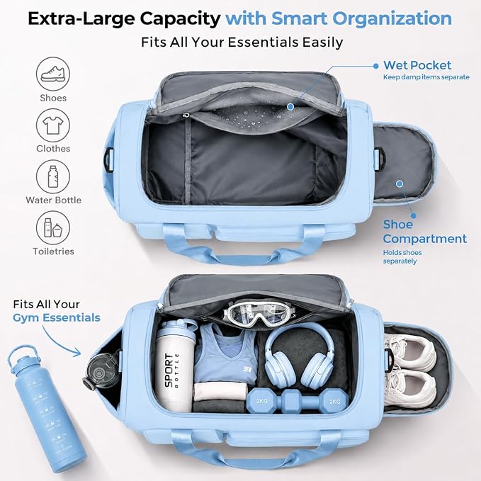 FIORETTO Women's Gym Duffle Bag with Shoes Compartment, 30L Capacity, Ideal for Travel, Gym, Sports, Duffel, Weekender