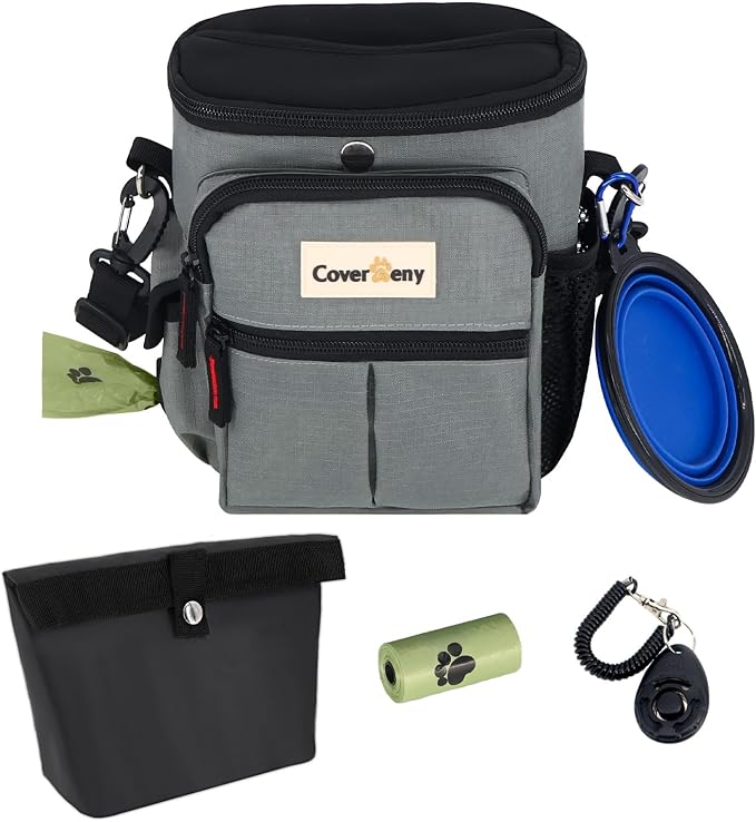 Dog Treat Pouch Open Top for Quick & Spill-Proof Access, Removable Pouch|Poop Bag Dispenser|3 Ways to Wear, Dog Treat Bag - Collapsible Bowl, Training Clicker & Poop Bag for Training & Walking. (Grey)