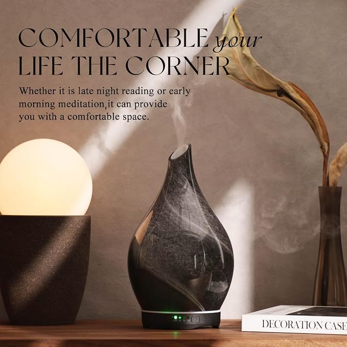 Porseme 280ml Essential Oil Diffuser Glass Color Changing Aroma Air Diffusers Aromatherapy Ultrasonic Cool Mist Humidifier with Remote Control 7 Running Hours Waterless Auto-Off (Obsidian)
