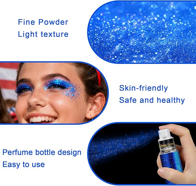 Hair and Body Glitter Spray, Holographic Glitter Highlighter Powder for Rumi Costume Cosplay Makeup, Face Body Clothes Shiny Glitter, Loose Shimmer Hairspray Festival Rave Prom Accessories (Blue)
