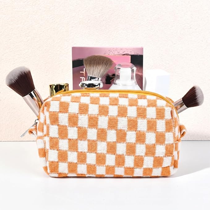 SOIDRAM 2 Pieces Makeup Bag Large Checkered Cosmetic Bag Capacity Canvas Mix Travel Toiletry Bag Organizer Cute Makeup Brushes Aesthetic Accessories Storage Bag for Women, Yellow checkered