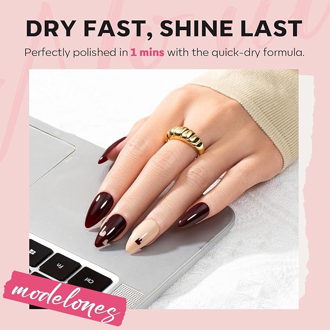 modelones Red Nail Polish Set 6 Colors,Valentines Brwon Nude Burgundy Gold Glitter Quick Dry Sparkle Mini Manicure Kit DIY Nail Art Salon Home Gifts for Women Girls