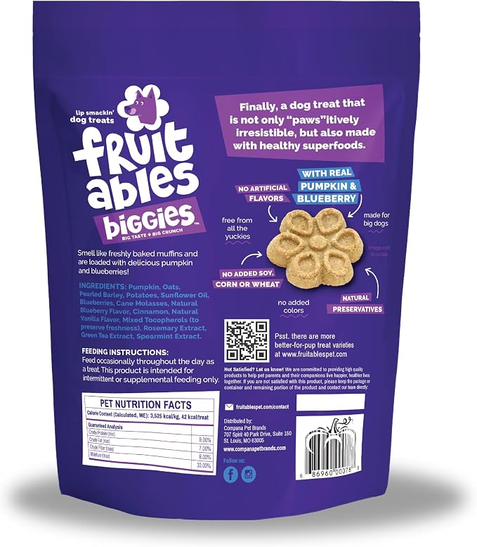 Fruitables Biggies Dog Biscuits, Pumpkin & Blueberry Flavor, 16oz | Healthy Dog Treats, Crunchy Dog Biscuits, Large Breed Snacks, Wholesome Ingredients, Healthy Puppy Snacks, Made in USA