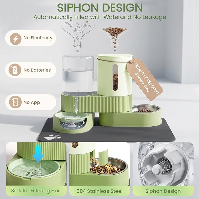 Gravity Cat Feeder 2 Pack Automatic Food Feeder Stainless Steel Water Dispenser Set 360° Rotatable Pet Bowls with Silicone Mat and Brush for Cats Small Medium Dogs, Large Capacity(Green)