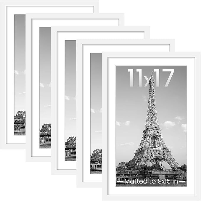 upsimples 11x17 Picture Frame, Gallery Wall Frames Set of 5, White | Poster Frame Collage Wall Decor, 9x15 Picture Frame with Mat for Family, Baby, Hallway, Christmas