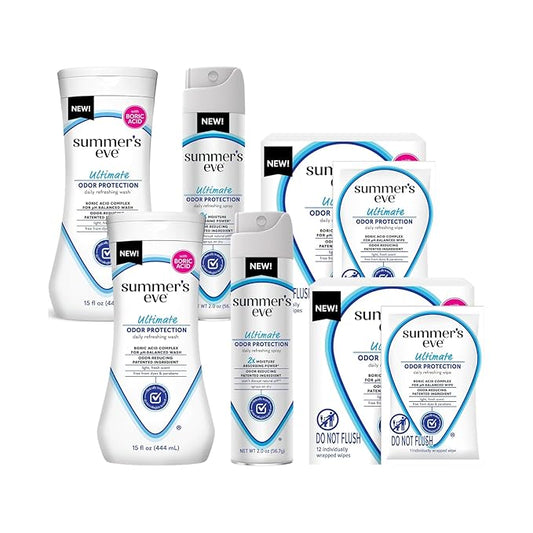 Summer’s Eve Ultimate Odor Protection Feminine Care Set, Wash, Wipes & Freshening Spray, with Boric Acid Complex, pH Balanced, 15 Ounce Wash, 12 Count Wipes, 2 Ounce Spray (Variety Pack of 6)