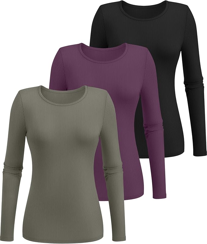 Ficerd 3 Pack Women's Ribbed Long Sleeve Tops, Crew Neck Slim Fit Undershirts Knit Basic Casual Stretch Layering Tee Shirts