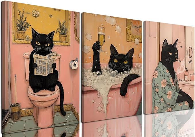 Funny Japanese Black Cat Bathroom Wall Art, Cute Japan Cat in Bathtub Wall Decor Paintings Funky Animal on Toilet Reading Newspaper Poster Canvas Prints Artwork 16x24 inch Framed