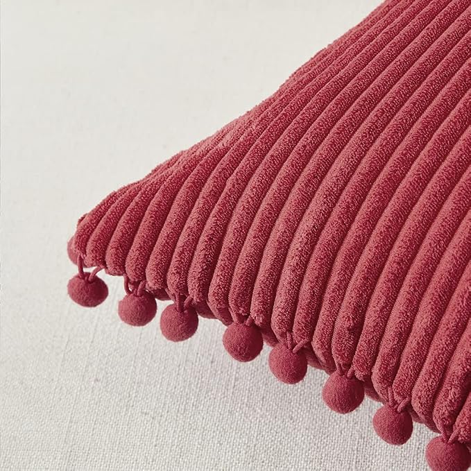 Fancy Homi 2 Packs Burgundy Decorative Throw Pillow Covers 16x16 Inch with Pom poms, Christmas Home Decor, Soft Corduroy Accent Square Cushion Case for Living Room Couch Bed Sofa 40x40 cm