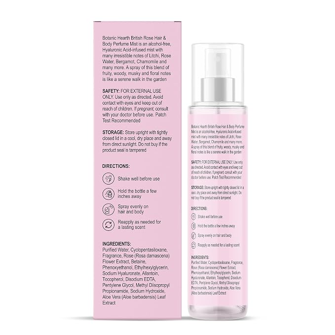 Botanic Hearth British Rose Hair Perfume & Body Mist, Long-Lasting Hair Deodorizer, Body Scent for Women & Men, Alcohol-Free Clean Fragrance Hair Spray For Everyday Wear, All Day Freshness, 3.4 Fl Oz