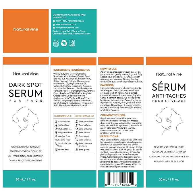 Natural Vine Dark Spot Remover for Face Serum: Age Spot Sun Spot Brown Spot with Grape Extract, Fermentation Complex, Hyaluronic Acid & Vitamin E, for Women and Men, 1 FL OZ / 30mL
