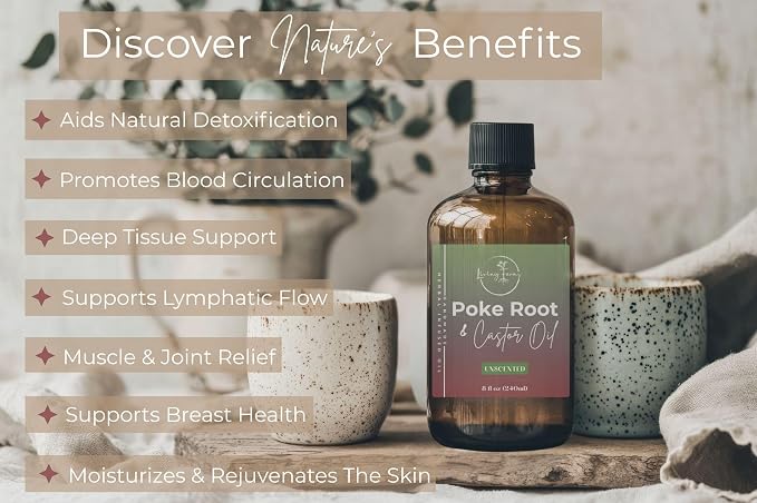 Organic Poke Root & Castor Oil | Vegan Lymphatic Support | Cysts, Boils, Fibroids, Swollen Lymph Nodes, Breast & Joint | Natural Deep Tissue Massage | Made in The USA (8oz, Unscented)
