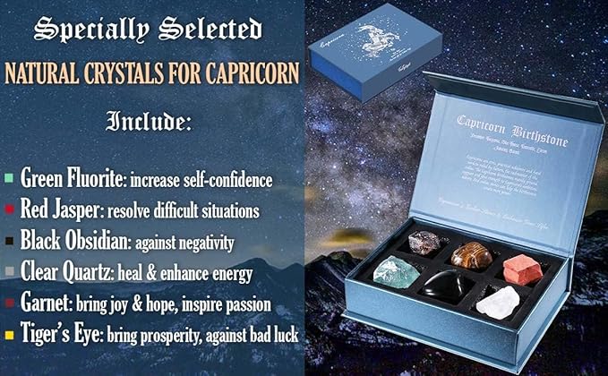 Faivykyd Capricorn Crystals Gifts - 6 Capricorn Zodiac Stones w/50 Miracle Mantras Affirmations Cards, Spiritual Gifts for Positive Energy, Self-Love & Wealth