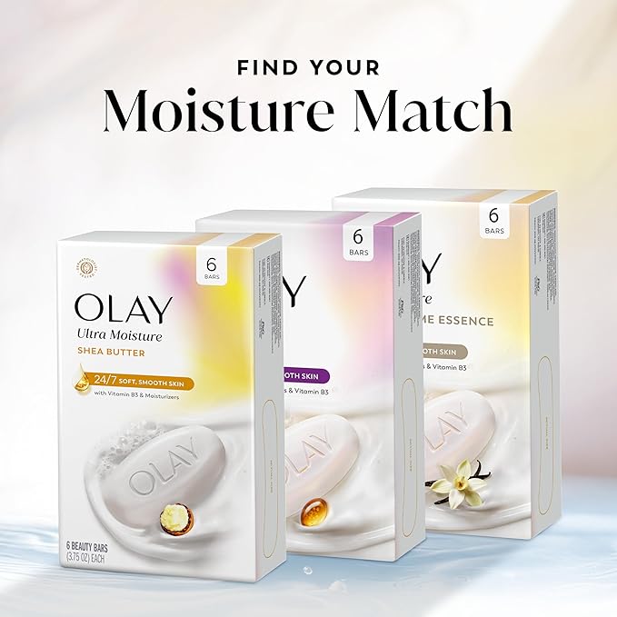 Olay Beauty Bar, Ultra Moisture,10x More Moisturizers, 24/7 Soft & Smooth Skin, Gentle Cleanse on Face & Body, Vitamin B3 Complex, For All Skin Types, Shea Butter Scent, 3.75 oz, (Pack of 6)