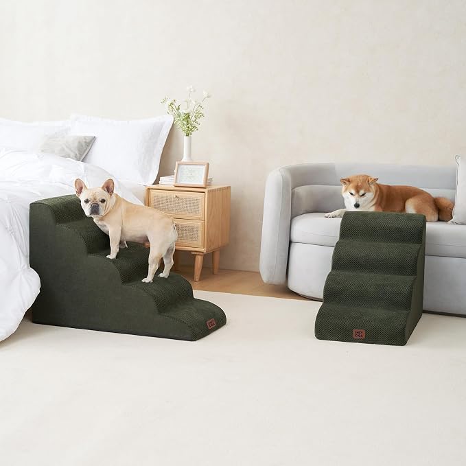 EHEYCIGA Curved Dog Stairs Ramp, 4-Step High Beds, 19.7" H Pet Step | 33D density of pure foam, for Small Dogs and Cats, Pet Stairs for High Bed Climbing, Non-Slip Balanced Indoor, Military Green