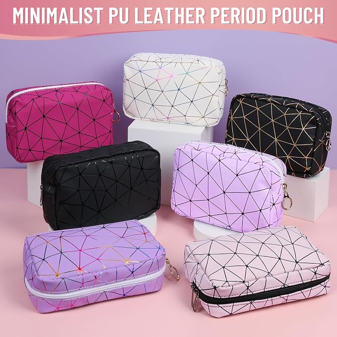 Tampon Holder for Purse Period Bag Waterproof Geometric PU Sanitary Napkin Storage Bag Portable Menstrual Cup Pad Pouch Cute Makeup Bag Feminine Gift Purple