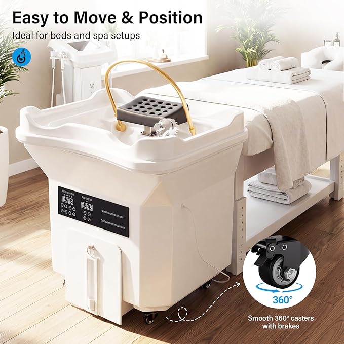Head Spa Equipment with Thermostatic Waterfall Circulation, 60L Water Storage and 30L Wastewater Tanks, Mobile Shampoo Bowl with Fumigation & LED Therapy for Spa Bed Salon Scalp Care, White
