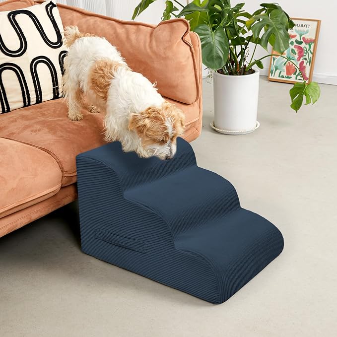 Mesa Lemon 4 Step Dog Stairs Pet Ramp for High Beds, Sofas and Cars | High Density Foam, Non-Slip Bottom, Removable Washable Cover, Portable Handle, Holds Up to 50 lbs, 20 Inch Height
