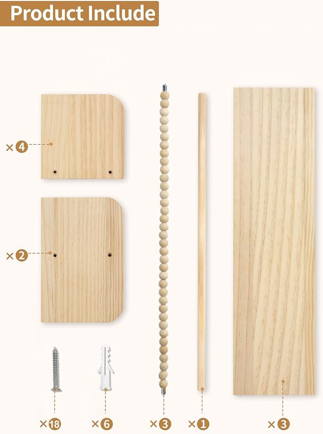 Maxpeuvon Nursery Shelves for Wall Set of 3, Natural Wood Floating Shelves | Kids Bookshelf with Towel Bar, Wall Mounted Organizer and Decor with Beads, for Kids Room, Bedroom and Kitchen