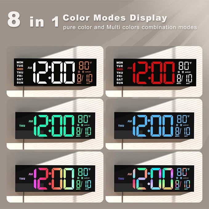 JALL 13" Large Digital Wall Mount Clock, Count Down Timer, Alarm, Big LED, DST, Temperature for Living Room Classroom Desk, Xmas, Birthday Gift for Senior Mom Dad, RGB