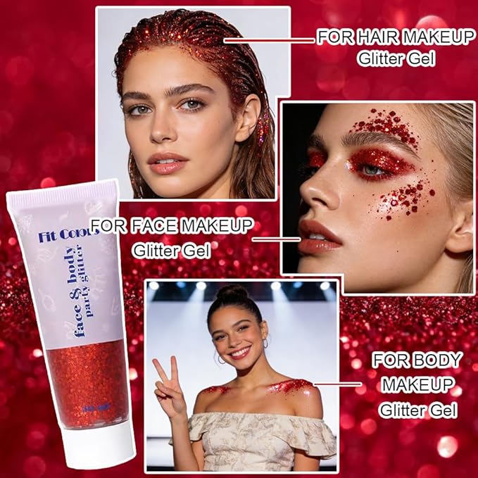 Red Face Body Hair Glitter Gel for Women and Kids, Monochrome Holographic Mermaid Sequins Chunky Glitter Paint Makeup for Mardi Gras Halloween Festival Rave Outfits Accessories, 1.7oz, #07