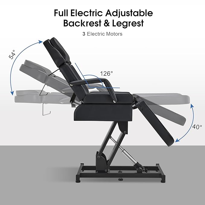 BarberPub Fully Electric Facial Bed with 3 Motor for Esthetician, Electric Tattoo Chair for Client, Facial Bed for Esthetician, Electric Adjustment 2751 (Black, Height (Flat): 25.2"–37")