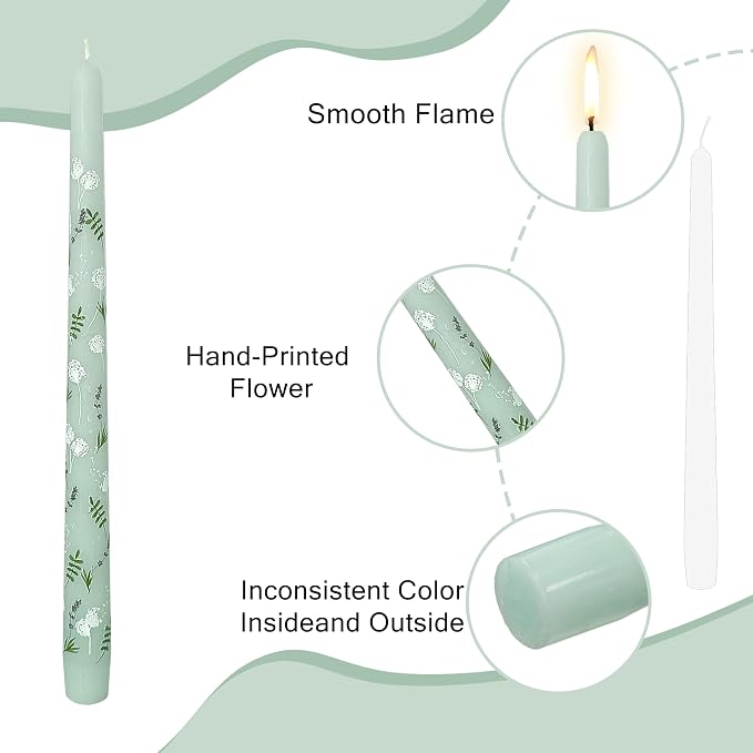 Printed Taper Candle Dripless Candles Sticks - 4 pcs Handmade Green Taper Candle 10 inches Long Tapered Candles for Home Party Wedding Restaurant Holiday Decor