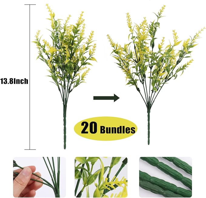 RECUTMS 20 Bundles Outdoor Artificial Flower UV Resistant Fake Stems Plants | Fall Yellow Decor,Faux Plastic Greenery for Indoor Outside Hanging Plant Garden Porch Window Box Home Wedding Farmhouse Décor