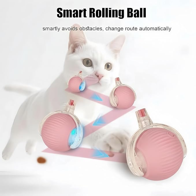 Interactive Dog Cat Toy Ball, Upgraded Rechargable Rolling Pet Ball with 2 Tails, Smart Automatic Moving Toy for Bored Indoor Kitty Puppy -Pink