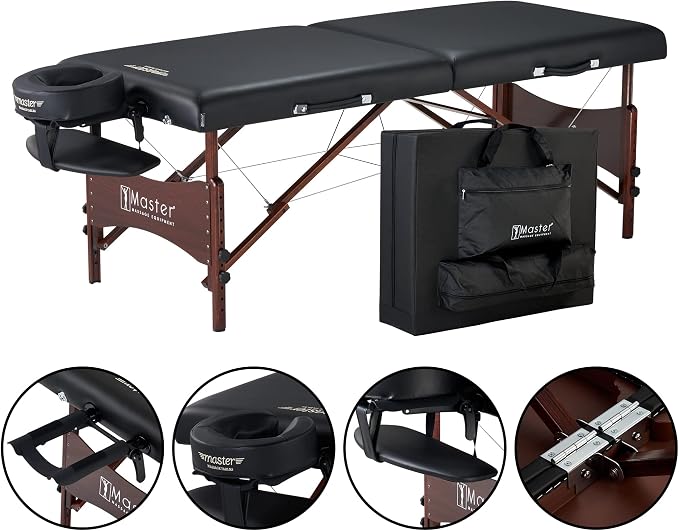 Master Massage Newport Portable Massage Table Package with Denser 2.5" Cushion, Walnut Stained Hardwood, Steel Support Cables, Pillows & Accessories, Black, 30"