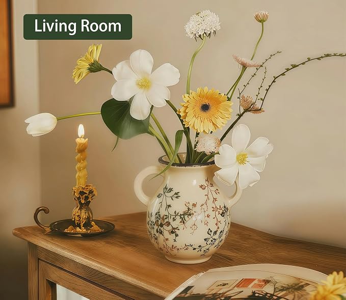 LIFFY Vintage Pastoral Vase with Handles, Retro Ceramic Flower Vase, Green and Beige Rustic Farmhouse Vases Chinoiserie Floral Large Vase for Home Decor, Living Room, Kitchen, Bedroom 6.3 Inch