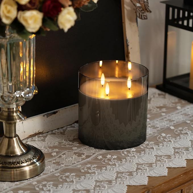 Homemory 6X6'' Extra Large Flameless Candle with 3 Wicks, Glass LED Pillar Candle, Real Wax Battery Operated Candle with Remote Control and Timer, Grey