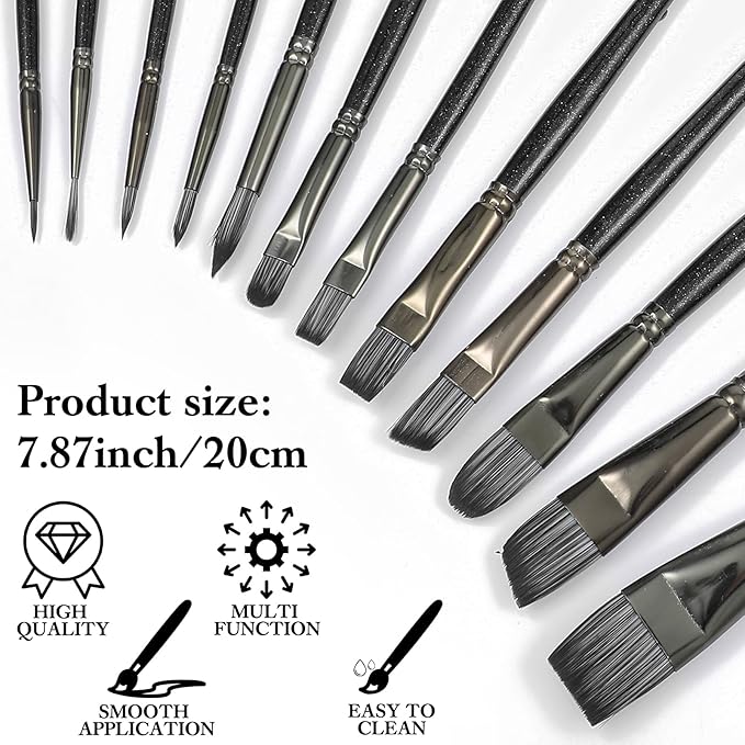 12 Pcs Professional Acrylic Artist Painting Brush Face Paint Brush Set Body Art Makeup Kit for Oil Watercolor Gouache Face Rock Canvas Halloween Cosplay Party Kids Adult Drawing Crafts Supplies