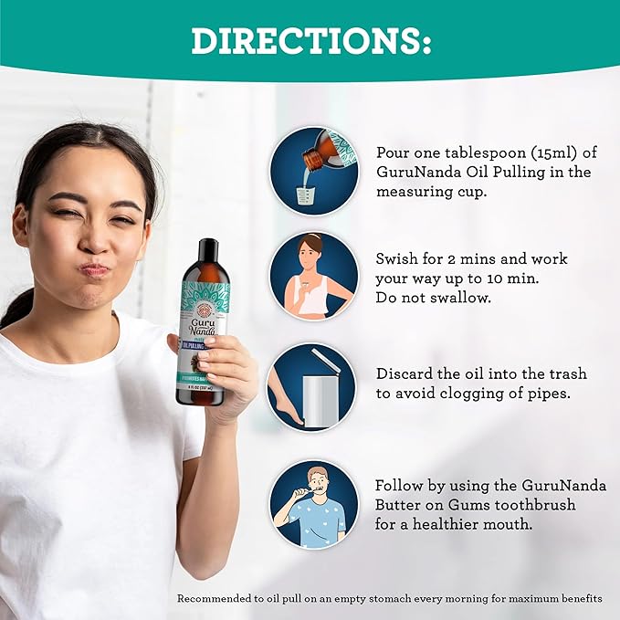 GuruNanda CocoMint Oil Pulling Mouthwash for Complete Oral Hygiene, 7 Essential Oils & Vitamins for Happy Teeth & Gums & Fresh Breath, with 2 Toothbrushes & Tongue Scraper, Alcohol-Free, 6X8 oz