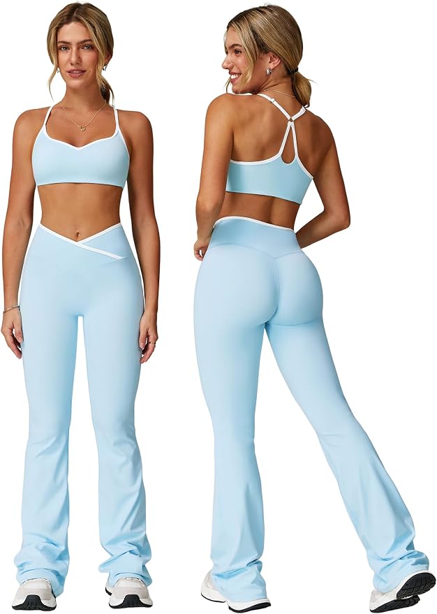 ABOCIW Workout Sets for Women 2 Piece Color Block Strappy Sports Bra High Waist Shorts Gym Yoga Pilates Outfits