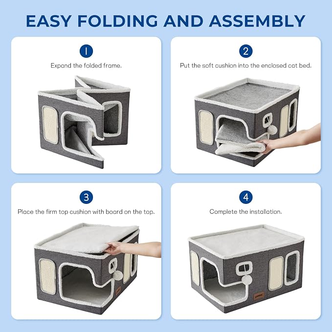 ZOMISIA Extra-Wide Cat House for Indoor Cats - Large Cat House for Pet with Fluffy Ball Hanging and Scratch Pad, Foldable Cat Hideaway for Multi Cats, 23x16.5x13 inches, Grey