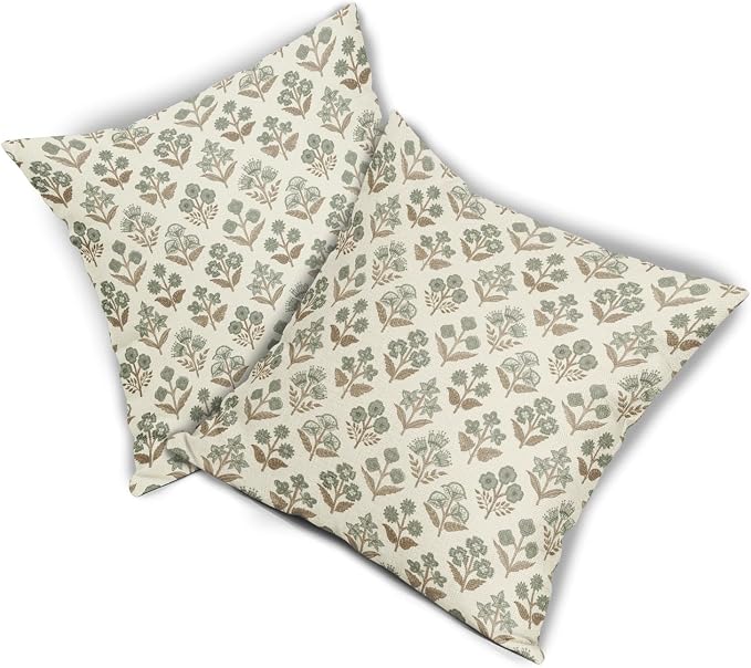 Brown Green Floral Block Print Pillow Covers 20x20 Inch Set of 2, Vintage Flower Pattern Decorative Throw Pillowcases Outdoor Farmhouse Cushion Covers Spring Summer Rustic Sofa Couch Bed Decor
